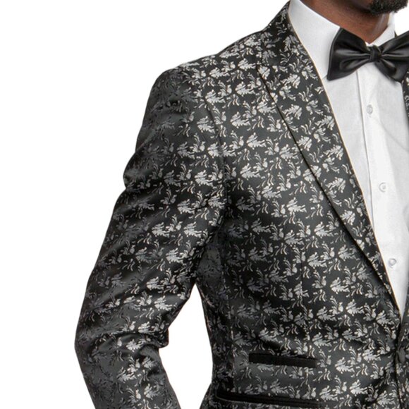 Men's Floral Blazer Slim-Fit Jacket, Black/Silver - Picture 2 of 5